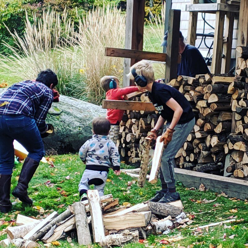 kids and man playing outside with logs