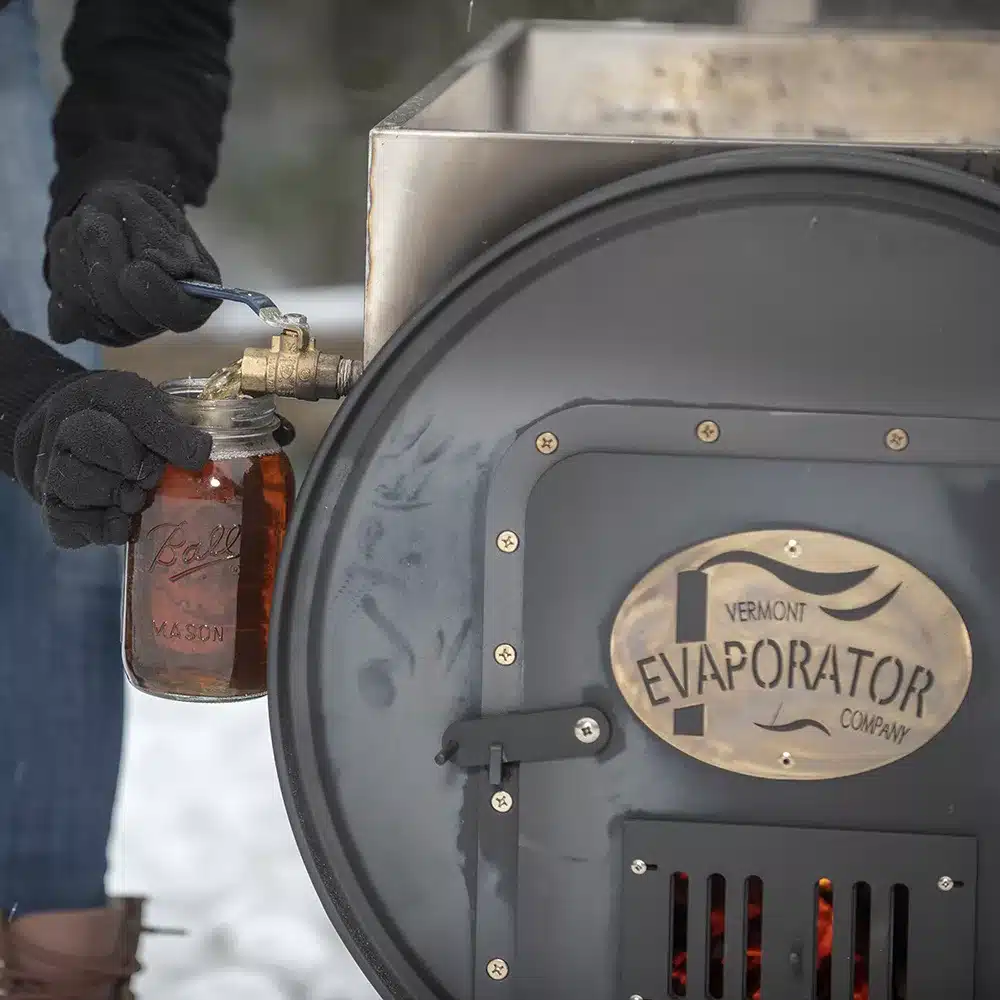 pouring finished maple syrup into a mason jar from the sapling evaporator